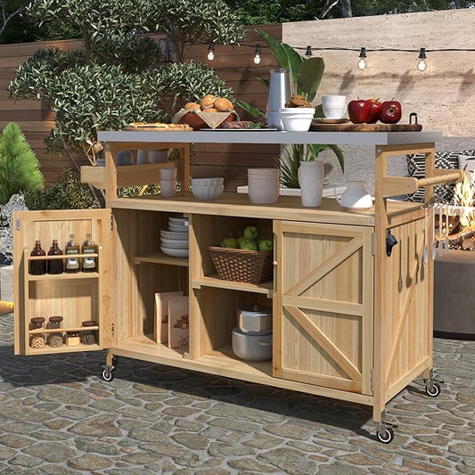 Modern Dining Table Outdoor Kitchen Island with Cabinet, Rolling Bar Cart, Farmhouse Solid Wood Grill Table with Stainless Steel Top, Spice Rack, Towel Rack for Kitchen Dining Room Tables,Natu