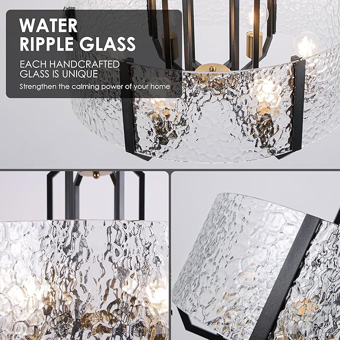 COCOSTAR Modern Glass Drum Chandeliers for Dining Room,6 Lights Farmhouse Crystal Chandelier,24" Vintage Foyer Lighting Fixtures,Black and Gold Pendant Lights for Kitchen Island,Bedroom,Living Room