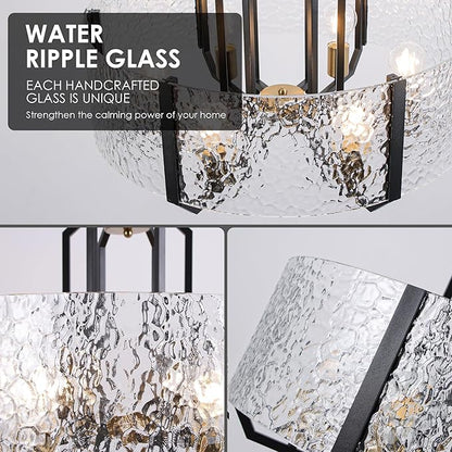 COCOSTAR Modern Glass Drum Chandeliers for Dining Room,6 Lights Farmhouse Crystal Chandelier,24" Vintage Foyer Lighting Fixtures,Black and Gold Pendant Lights for Kitchen Island,Bedroom,Living Room