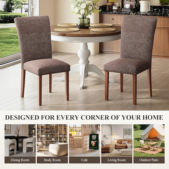 COLAMY Upholstered Parsons Dining Chairs Set of 4, Fabric Dining Room Kitchen Side Chair with Nailhead Trim and Wood Legs - Brown