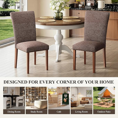 COLAMY Upholstered Parsons Dining Chairs Set of 4, Fabric Dining Room Kitchen Side Chair with Nailhead Trim and Wood Legs - Brown