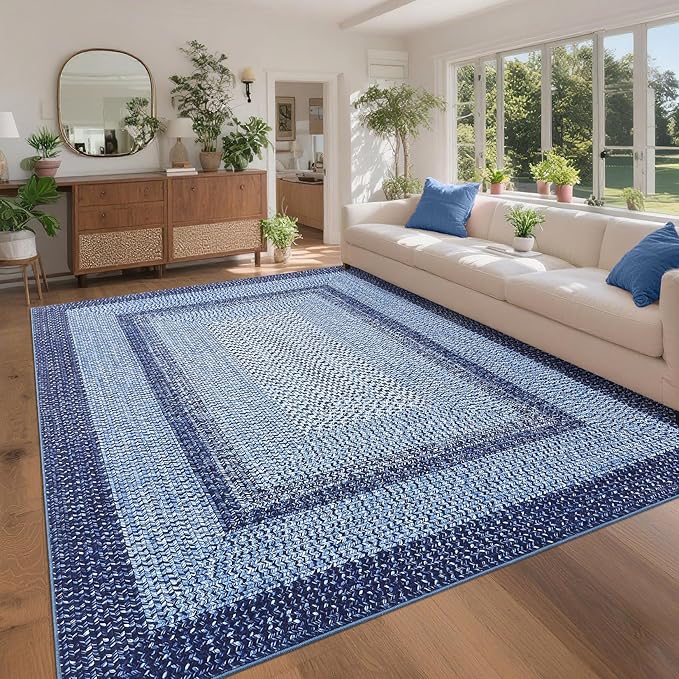 Washable Area Rugs 9x12 Living Room Modern Rugs for Bedroom Blue Rug Imitation Braided Soft Large Area Rug Non Slip Throw Rugs Stain Resistant Carpet for Nursery Dining Room 9'x12' Navy Blue