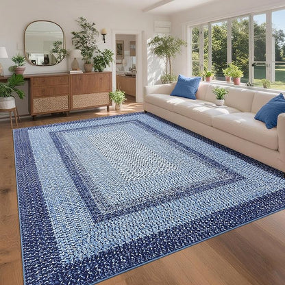 Washable Area Rugs 9x12 Living Room Modern Rugs for Bedroom Blue Rug Imitation Braided Soft Large Area Rug Non Slip Throw Rugs Stain Resistant Carpet for Nursery Dining Room 9'x12' Navy Blue