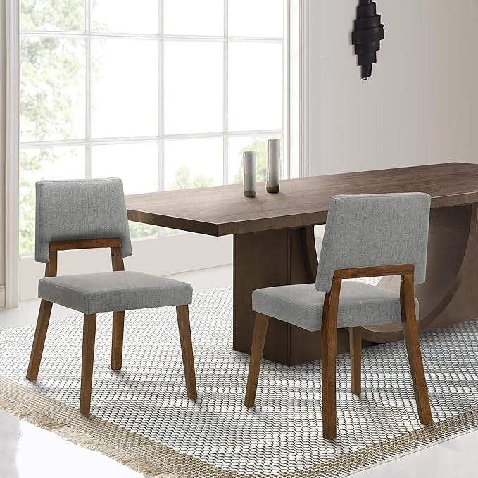 Armen Living Channell Wood Dining Chair in Walnut Finish with Charcoal Fabric - Set of 2