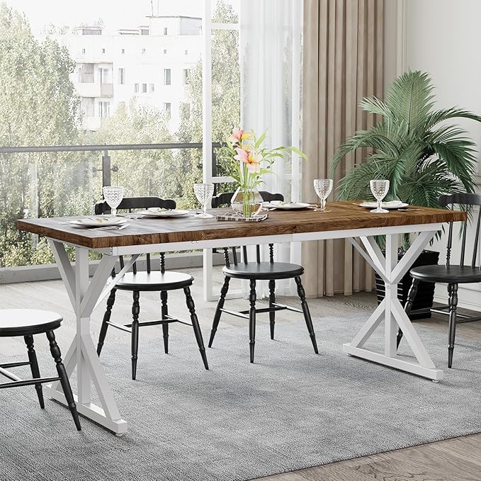 Farmhouse Dining Table for 6-8 People, 70.8 Inch Rectangular Wood Dining Table, Rustic Kitchen Table with Extra Heavy Duty Metal Legs for Dining Room - Rustic Oak/White