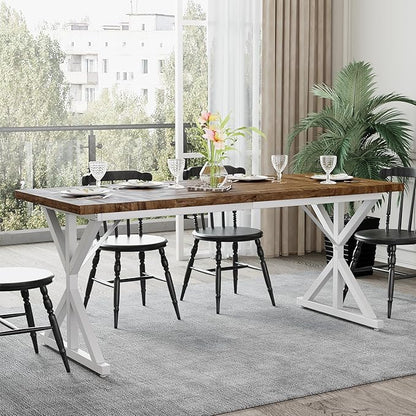Farmhouse Dining Table for 6-8 People, 70.8 Inch Rectangular Wood Dining Table, Rustic Kitchen Table with Extra Heavy Duty Metal Legs for Dining Room - Rustic Oak/White