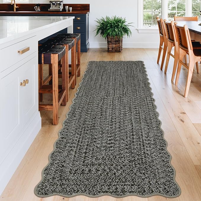 Imitation Braided Collection-Print Washable Runner Rug 2x8 Non Slip Bathroom Rug Scalloped Soft Farmhouse Throw Rugs Kitchen Runner Stain Resistant Carpet for Hallway Entryway Rugs