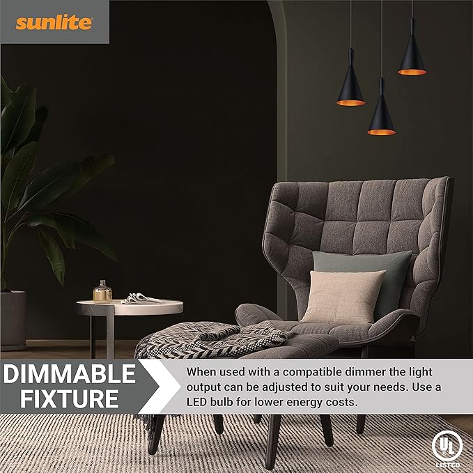 Sunlite 7-Inch Vintage Inspired Cone Pendant Farmhouse Décor, Max 60 Wattage, Medium Base Socket (E26), 74" Adjustable Cord Length, Copper, Interior, Matte Black Shade, UL Listed