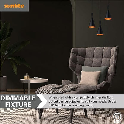 Sunlite 7-Inch Vintage Inspired Cone Pendant Farmhouse Décor, Max 60 Wattage, Medium Base Socket (E26), 74" Adjustable Cord Length, Copper, Interior, Matte Black Shade, UL Listed