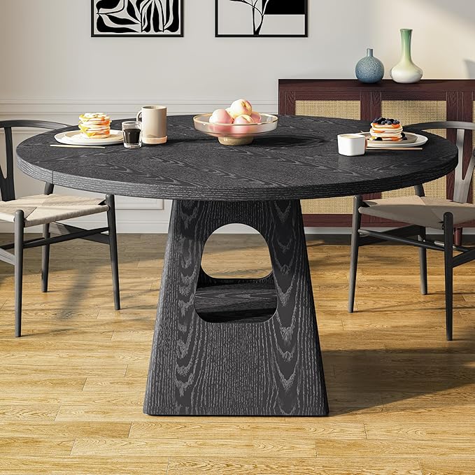 JOSHEN 47" Round Rustic Dining Table, Kitchen Table with Storage Shelf, Dinner Tables with Solid Wood Frame for Home Dining, Black