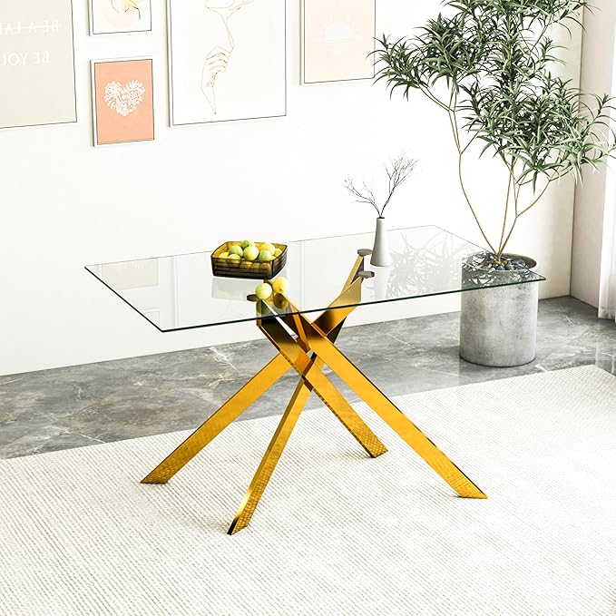 Glass Dining Table,51'' Rectangular Dining Kitchen Table,Modern X-Design Dining Room Table with Golden Metal Base for Dining Room