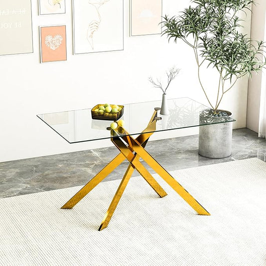 Glass Dining Table,51'' Rectangular Dining Kitchen Table,Modern X-Design Dining Room Table with Golden Metal Base for Dining Room
