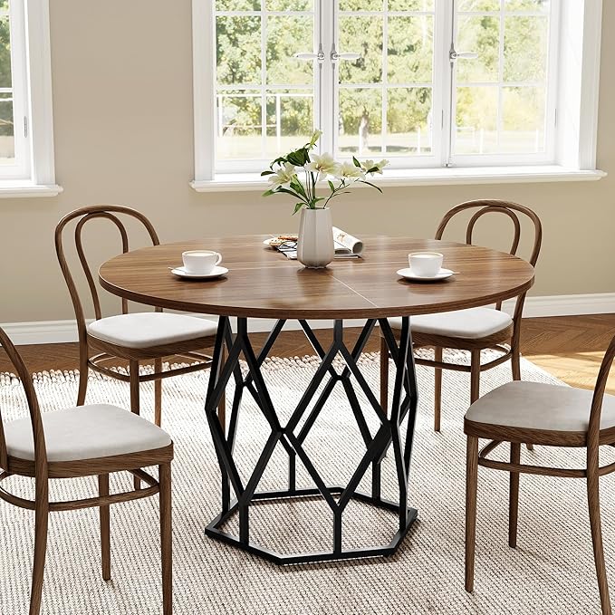 GarveeHome 47-inch Round Dining Table for 4-6 People, Farmhouse Kitchen Table with Diamond Metal Base, Industrial Wood Circle Dinner Table for Dining Room, Kitchen, Living Room, Brown