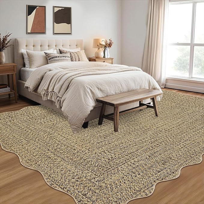 Imitation Braided Collection-Print Large Washable Rug 9x12 Non-Slip Area Rugs for Living Room, Natural Bordered Carpet, Stain Resistant Thin Foldable Floor Cover for Nursery Dining Room