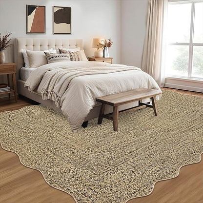 Imitation Braided Collection-Print Large Washable Rug 9x12 Non-Slip Area Rugs for Living Room, Natural Bordered Carpet, Stain Resistant Thin Foldable Floor Cover for Nursery Dining Room
