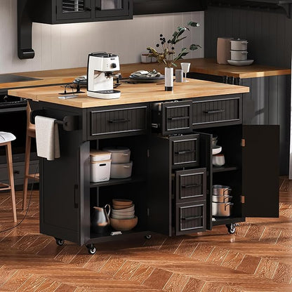 Kitchen Island with Drop Leaf,Power Outlet, Embossed Vertical Stripe Rolling on Wheels with 4 Doors,5 Deep Drawers and Adjustable Shelves,Dining Room (Black@94)