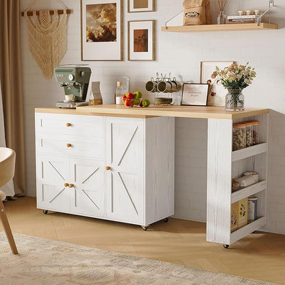 IRONCK Kitchen Island with 360° Swivel Table, 71 inch Rolling Kitchen Island Cart with Storage, Home Bar Table with Spice Rack and Drawers, Mobile Wood Kitchen Island on Wheels, White