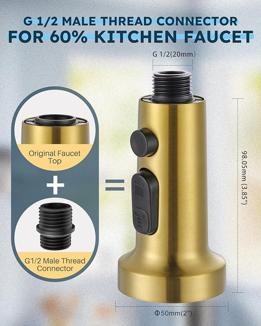 Stainless Steel Kitchen Faucet Head: ARCORA 3-Function Kitchen Faucet Head Replacement with 13 Adapters - Brushed Gold Pull Down Spray Head Compatible with Moen, Delta, American Standard Faucets