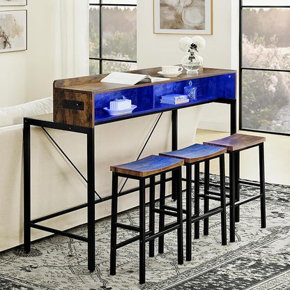 59" Bar Height Table and Chairs Set – Farmhouse Style Bar Table with 3 Saddle Stools, Perfect as Kitchen Table, Small Dining Table with Chairs, or Kitchen Island Seating Solution (Brown)