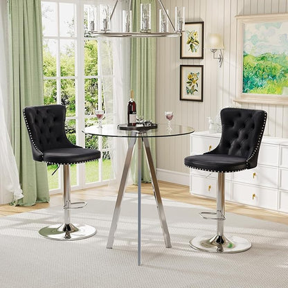 Glass Bar Height Table and Chairs Set for 2, Round Bistro Pub Table with Stools Set, Adjustable Retro Barstools Velvet Island Chairs for Small Space (Silver Metal Legs, Clear Top + Black Chair)