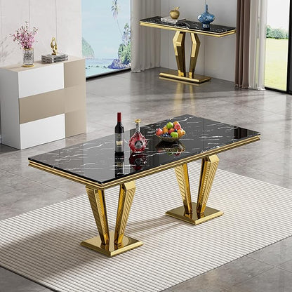 Black Marble Dining Table for 4 6 8, Modern 68 Inch Kitchen Table with Faux Marble Top and Gold Dimaond Design Pedestal Base, Luxurious Rectangular Large Dining Room Table,Home Kitchen Furniture