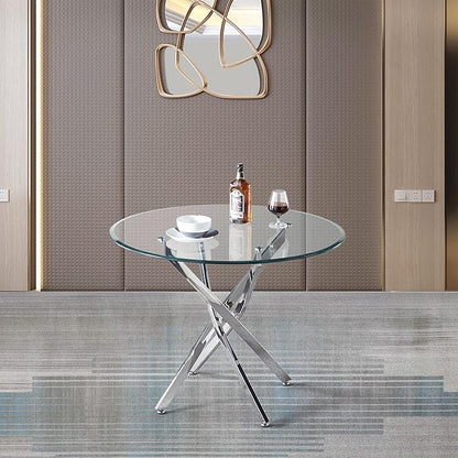 Pvillez Contemporary Dining Table, 36" Round Tempered Glass, Stainless Steel Base, Seats 4, Clear Kitchen Table for Dining
