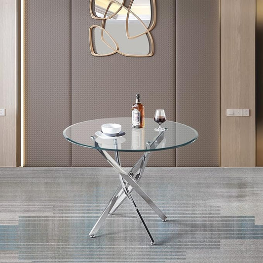 Pvillez Contemporary Dining Table, 36" Round Tempered Glass, Stainless Steel Base, Seats 4, Clear Kitchen Table for Dining