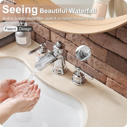 Chrome Widespread Waterfall Bathroom Faucet, Brass 3 Hole Bathroom Sink Faucet 4-16 Inch, 2 Handles with Supply Hose & Overflow Pop-Up Drain for Modern