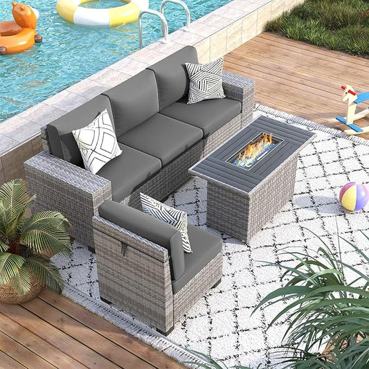 5 Piece Patio Furniture Set with Fire Pit Table, Outdoor Conversation Sets Grey Wicker Rattan Sectional Sofa, 4'' Thickened Cushion Dark Grey