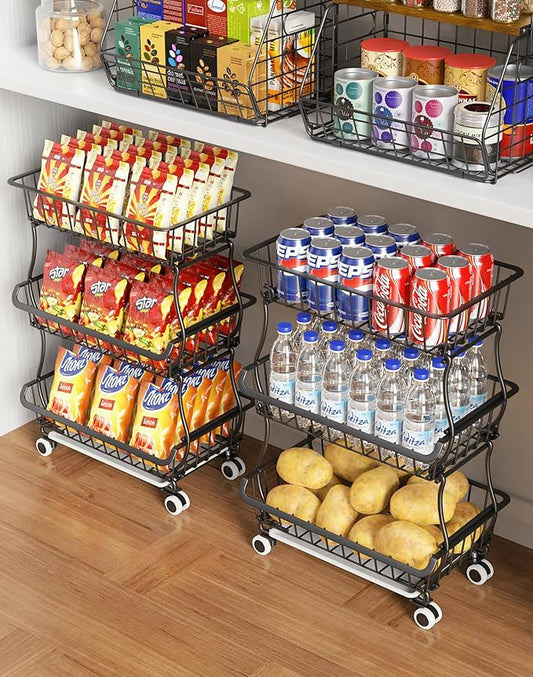 OKZEST 3-Tier Rolling Pantry Floor Organizer and Storage Cart with Wheels, Stackable Wire Pantry Baskets for Pantry Shelves, Kitchen Fruit Basket Stand and Storage Rack for Fruit Snack Onion Potato