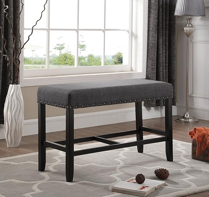 Grey Fabric Counter Height Dining Bench with Nailhead Trim, Ideal for Kitchen Islands and Dining Areas, Sturdy Construction and Easy Assembly Included