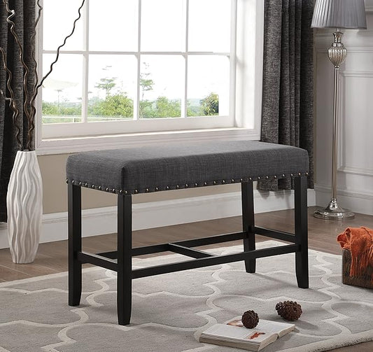 Grey Fabric Counter Height Dining Bench with Nailhead Trim, Ideal for Kitchen Islands and Dining Areas, Sturdy Construction and Easy Assembly Included