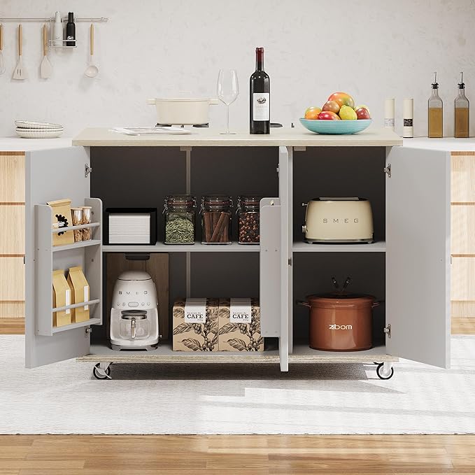RUNNA 51.2" W Ash Veneer Solid Wood Handwoven Kitchen Island with Drop Leaf, Coastal Kitchen Island on Wheels with Internal Storage Rack, Rolling Kitchen Cart (Champagne#016)