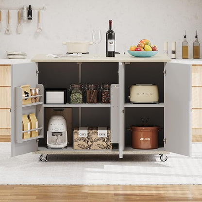 RUNNA 51.2" W Ash Veneer Solid Wood Handwoven Kitchen Island with Drop Leaf, Coastal Kitchen Island on Wheels with Internal Storage Rack, Rolling Kitchen Cart (Champagne#016)