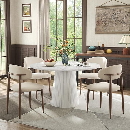 Farmhouse Round Dining Table Set for 4, 47 in Kitchen Table with MDF Tabletop & Base, Beige Fabric Upholstered Chairs with Walnut-Grain Metal Legs for Home Small Apartment (White)