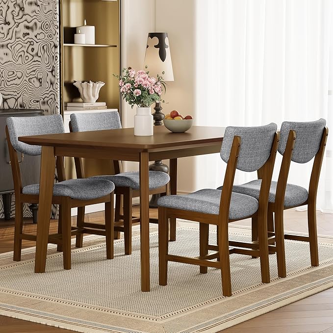 VilroCaz Rustic 5-Piece Dining Set, Solid Wood Rectangle Table with 4 Upholstered Chairs, Farmhouse-Style Dining Furniture for Kitchen & Dining Room, Minimalist Dining Set for 4 (Walnut-1.21)
