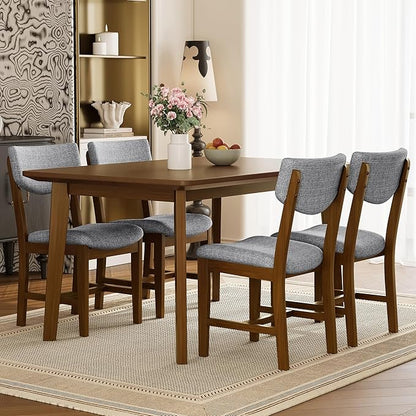 VilroCaz Rustic 5-Piece Dining Set, Solid Wood Rectangle Table with 4 Upholstered Chairs, Farmhouse-Style Dining Furniture for Kitchen & Dining Room, Minimalist Dining Set for 4 (Walnut-1.21)
