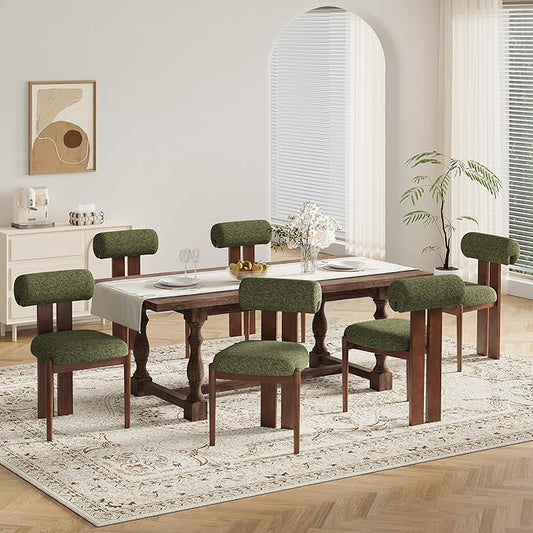 MALOL Modern Wooden Dining Chairs Set of 6, Upholstered Fabric Kitchen Chairs with Sculptural Backrest, Mid-Century Farmhouse Dining Room Chairs with Solid Wood Legs, Green
