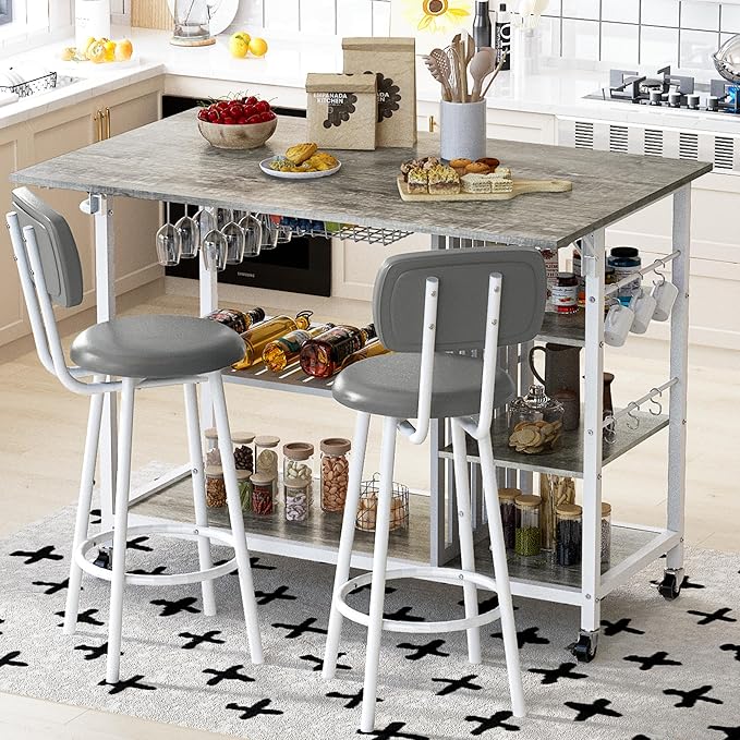 Recaceik Small Kitchen Island Table for 2 with Storage & Seating, Drop Leaf Dining Table Set for Small Space (Grey)