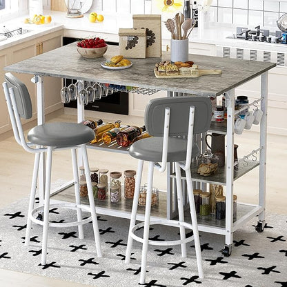 Recaceik Small Kitchen Island Table for 2 with Storage & Seating, Drop Leaf Dining Table Set for Small Space (Grey)