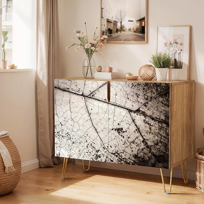 SIGNWIN Sideboard Buffet Cabinet, Kitchen Storage Cabinet with 2 Doors, Grunge Dark Forest Leaf Details, Cupboard Console Table for Dining Room - 35" L x 18" W x 29" H
