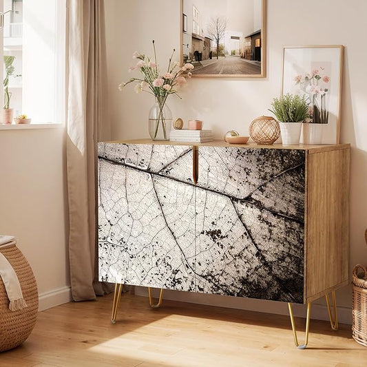 SIGNWIN Sideboard Buffet Cabinet, Kitchen Storage Cabinet with 2 Doors, Grunge Dark Forest Leaf Details, Cupboard Console Table for Dining Room - 35" L x 18" W x 29" H