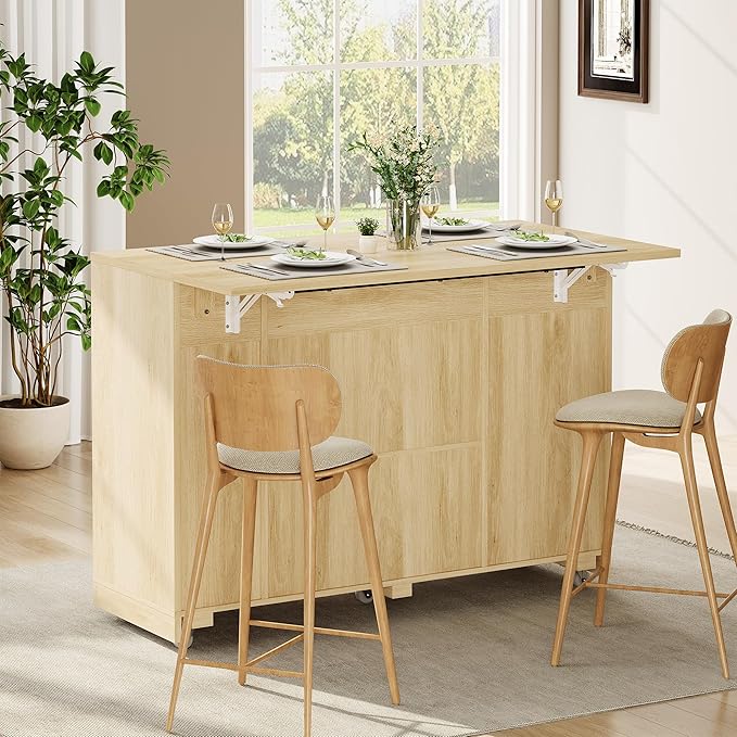 IDEALHOUSE 53.1" Rattan Kitchen Island with Storage, Rolling Dining Cart with Trash Storage Cabinet, Mobile Island Cart with Drop Leaf, Adjustable Shelves, Drawer, 5 Wheels (Natural)