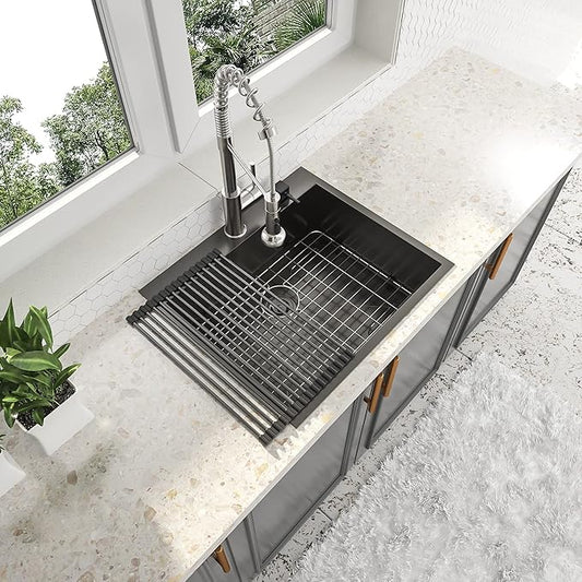 28x22 Drop In Kitchen Sink Black 16 Gauge Stainless Steel Single Bowl Drop Kitchen Sinks Nano PVD Gunmetal Black Handmade Large Deep Topmount Sinks, 28x22x9 Inch