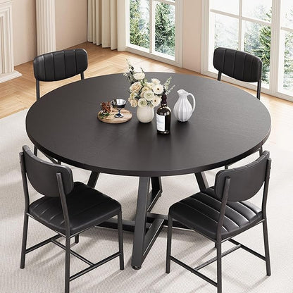 Jocoevol 51“ Round Kitchen Dining Room Table for 6-8, Circle Dining Dinner Table with Pedestal Metal Frame, Space Saving Wood Industrial Furniture for Small Space (Black, 51In)