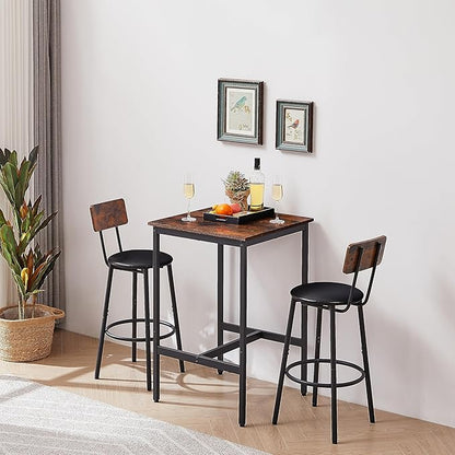 Square Bar Stool Table Set of 2, Dinner Table Set Upholstered Seat with Backrest, Comfortable PU Padded Seat, Height Coffee Kitchen Table Set with Strong Iron Frame Supports 350 lbs, Grey