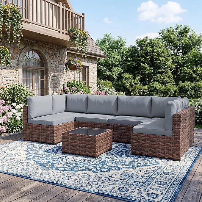 LHBcraft Patio Furniture Set,7 Pieces Outdoor Wicker Rattan Patio Furniture with Rain Cover, Wicker Rattan Outdoor Sectional Sofa Set with Coffee Table for Garden, Taupe-Blue