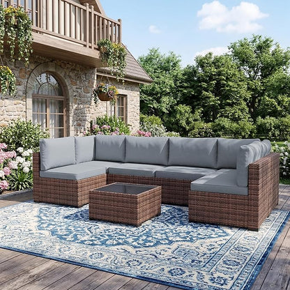 LHBcraft Patio Furniture Set,7 Pieces Outdoor Wicker Rattan Patio Furniture with Rain Cover, Wicker Rattan Outdoor Sectional Sofa Set with Coffee Table for Garden, Taupe-Blue