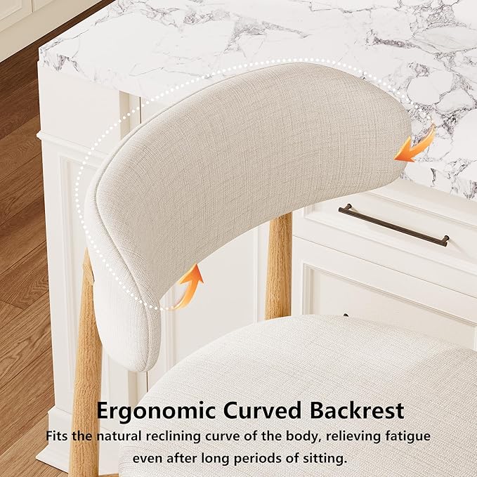 Set of 2 Counter Height Bar Stools: Upholstered Barstools with Metal Legs for Kitchen Island Dining Room in Beige - Comfortable & Chic Industrial Style, Premium Quality Bar Height Seating