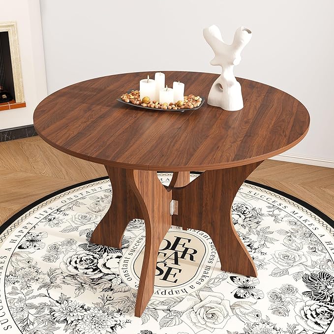 GDFStudio 43" Folding Dining Table for Small Spaces, Round Wood Kitchen Table with Walnut Veneer, Space-Saving Foldable Table for Indoor & Outdoor Use, French Country & Beach Style